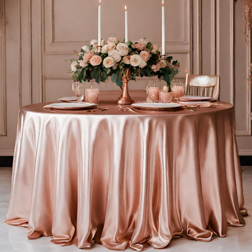 Large View 120inch (305cm) Round Satin Tablecloth - Rose Gold