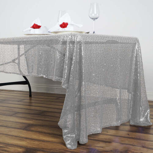 Large View 125x240cm Sequin Tablecloth - Silver