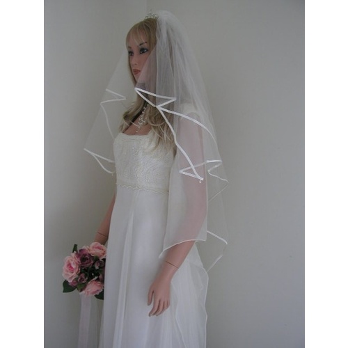 Large View 115cm Ivory Satin Edge Crystal Drop 2 Tier Veil - V054W2-23DW