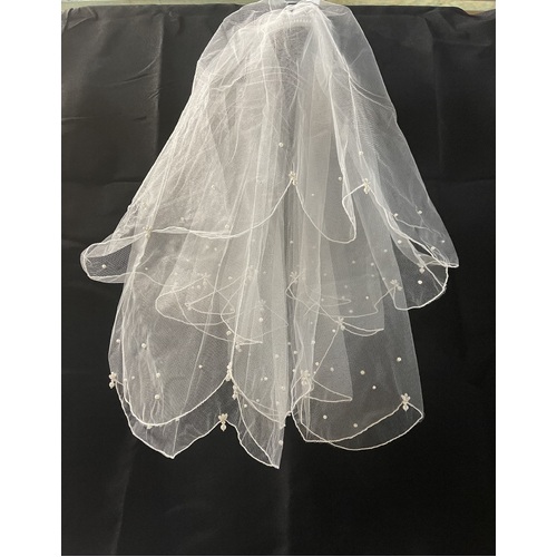 Large View 102cm White Satin Edge Crystal 2 Tier Veil - V054W2-22W