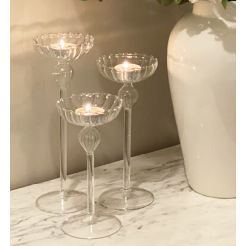 Large View Glass Stemmed Tealight Holders - 17cm Tall