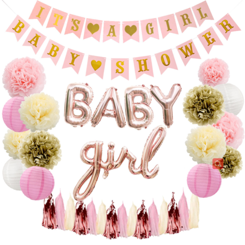 Large View Pink Girl Baby Shower Decorating Kit