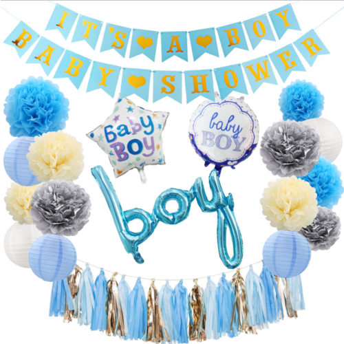 Large View Blue Boy Baby Shower Decorating Kit