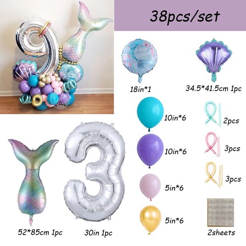 Large View 30pcs - 3rd Birthday Mermaid Themed Birthday Set