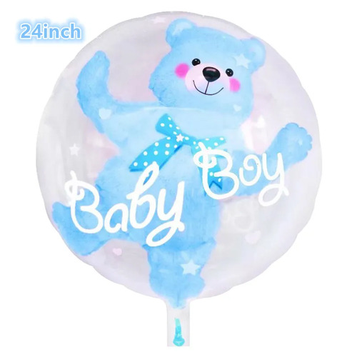 Large View 60CM - Clear Round Baby Shower Balloon with Teddy Inside - Blue (It's a Boy)