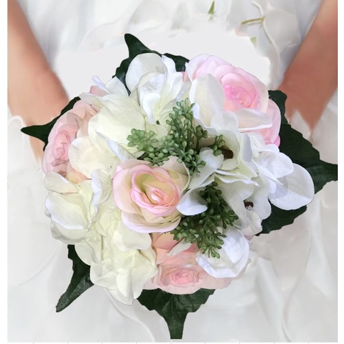 Large View Rose & Hydrangea Bouquet - White/Pink