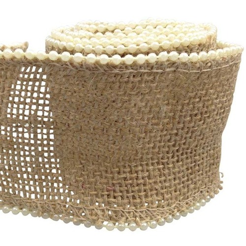 Large View 6cm Burlap & Pearl Ribbon - 2m length