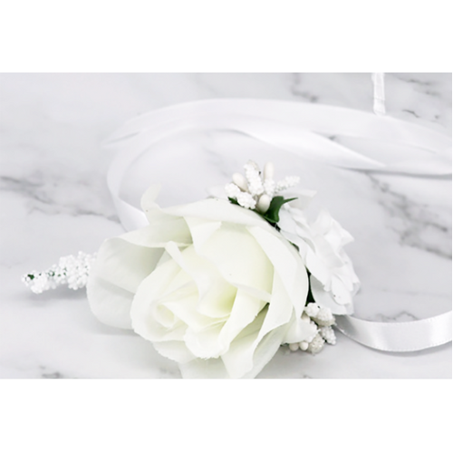 Large View Corsage - White Rose/Babies Breath - Style 1