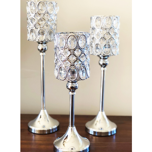 Large View 3pcs set of Silver Cylinder Centrepiece Candelabra