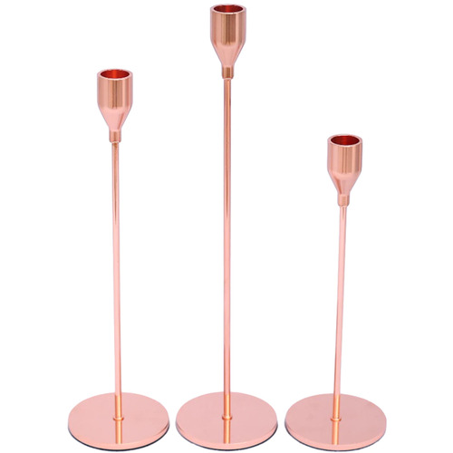 Large View 3 Pce Taper/Dinner Candelabra Stand Set - Rose Gold Style 2