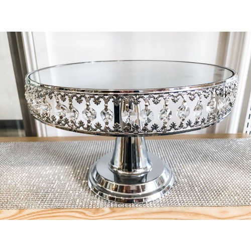 Large View 30cm Round Pedestal Mirror Top Cake Stand -  Silver