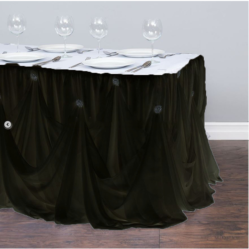 Large View Black Princess Style Table Skirting W/ Brooches 5.2m - Ready to hang