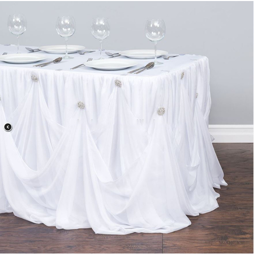 Large View White Princess Style Table Skirting W/ Brooches 5.2m - Ready to hang