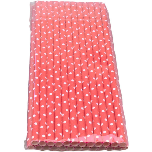 Large View 24Pk Pink Polko dot Straw