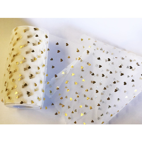 Large View 15cmx23m Light Ivory tulle - Gold hearts