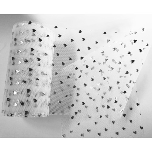 Large View 15cmx23m White tulle - silver hearts