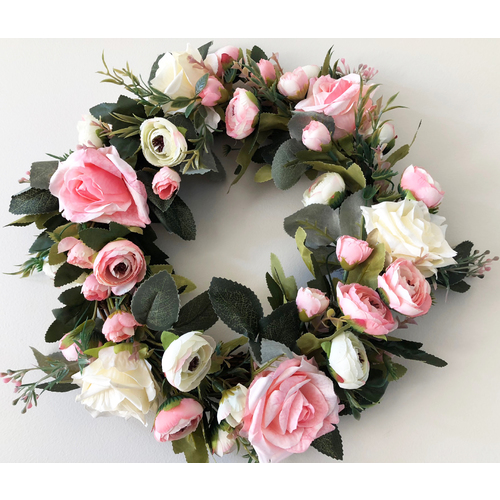 Large View 35cm High Quality Wreath -  Mauve Pink/Cream Roses