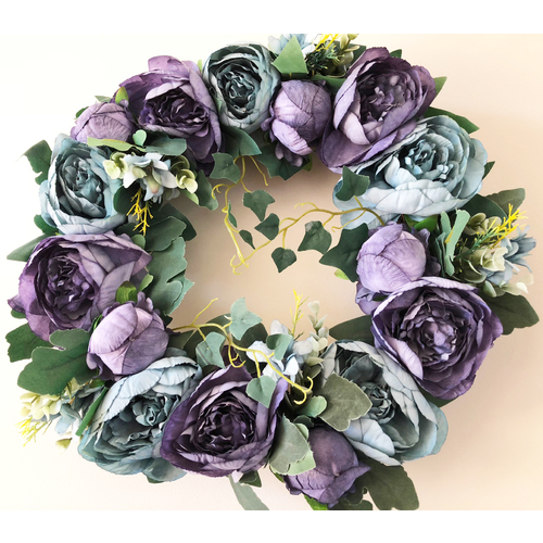 Large View 40cm High Quality Wreath -  Blue Tones European Peonies