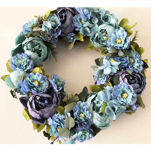 Large View 40cm High Quality Wreath -  Blue Tones Peonies/Hydrangea