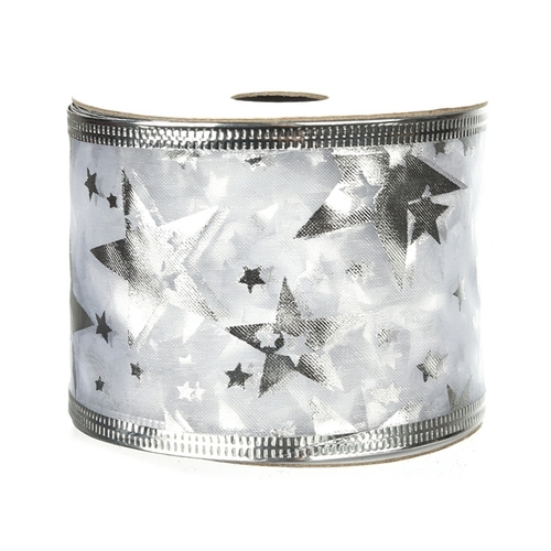 Large View 6.3cm x 9m Silver Star Christmas Ribbon - Wired Edge