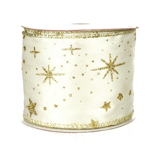 Large View 6.3cm x 9m Gold Star Christmas Ribbon - Wired Edge