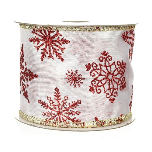 Large View 6.3cm x 9m Red Snowflake Christmas Ribbon - Wired Edge