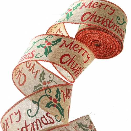 Large View 6.3cm x 9m Merry Christmas Linen Ribbon  - Wired Edge