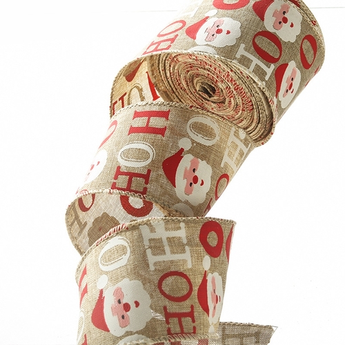 Large View 6.3cm x 9m Ho Ho Ho Linen Christmas Ribbon  - Wired Edge